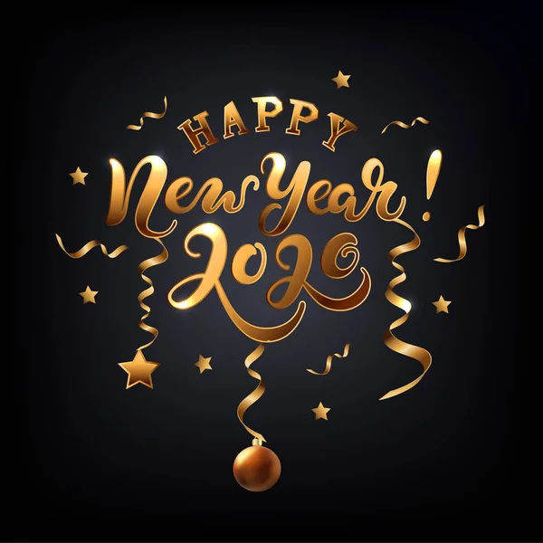 Feliz Año Nuevo 2020 Tarjeta Letras Dibujadas Mano Con Confeti — Vector de stock
