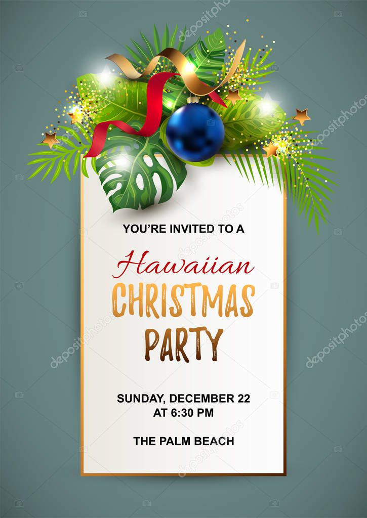 Hawaiian Christmas party invitation with exotic tropical leaves, festive balls, golden confetti. Great for greeting card, Happy New Year party at the beach, flyer, poster. Place for text. Vector ESP10