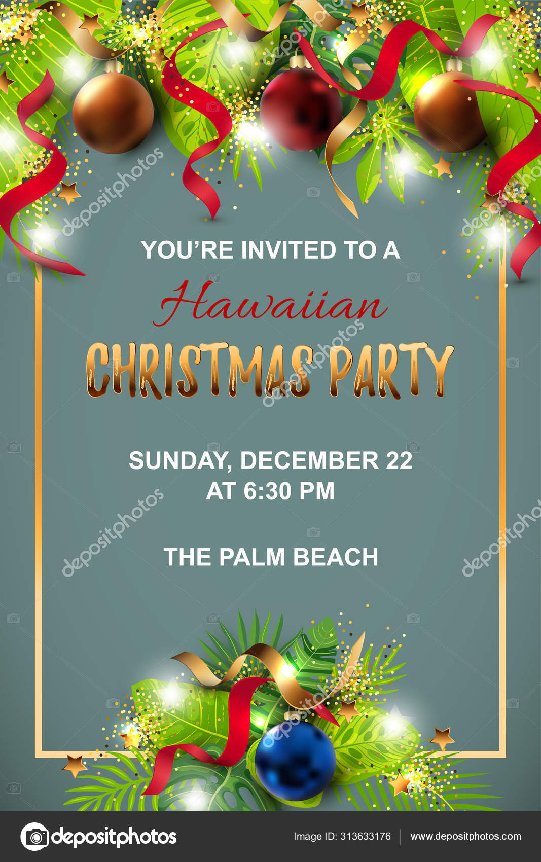 Hawaiian Christmas Party Invitation Exotic Tropical Leaves Festive