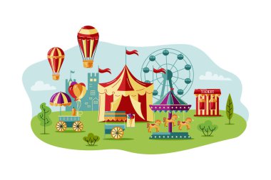 Sirk çadırı, atlı karınca, kale, büyük bir balon. Karnaval, lunapark, sirk, lunapark için harika. Davetler, poster, bilet için vektör illüstrasyonu.