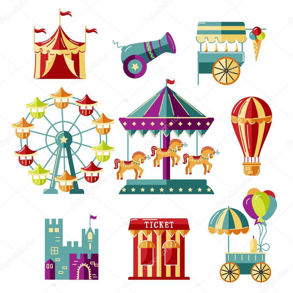 Amusment park elements with circus tent, carousel, castle, ferris whell, air ballon, cannon, mobile kiosk with ice cream. Vector illustrations set for  funfair, carnival, family park poster, flyer.