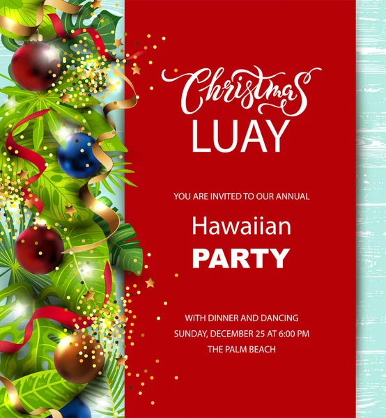 Noel Luay 'i, egzotik tropikal yapraklı Hawaii partisi davetiyesi, şenlikli balolar, altın konfeti. Tebrik kartı için harika, sahilde mutlu yıllar partisi, broşür, poster. Mesaj için yer. Vektör