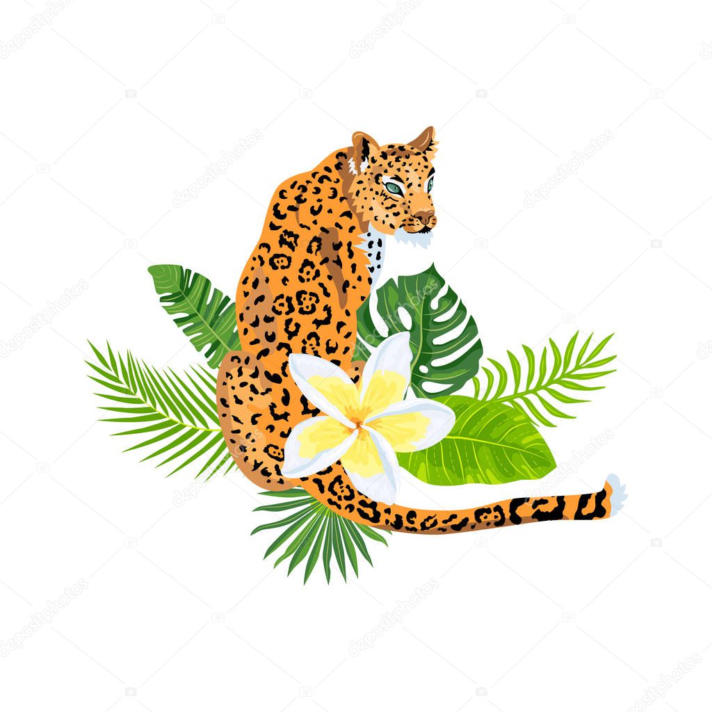 Leopard, jaguar with tropical leaves, plumeria, exotic flower. Design for flyer, poster, t-shirt print, invites, sticker. Vector illustration on white background.
