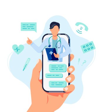 Tele tıp, çevrimiçi doktor ve tıbbi danışma konsepti. Doktor bir hastaya cep telefonuyla yardım ediyor. Düz çizgi film biçimi vektör çizimi.