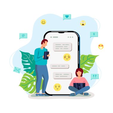 Kadın ve erkek insanlar sohbet ediyorlar. Online flört konsepti. Düz çizgi film tasarım vektör çizimi.