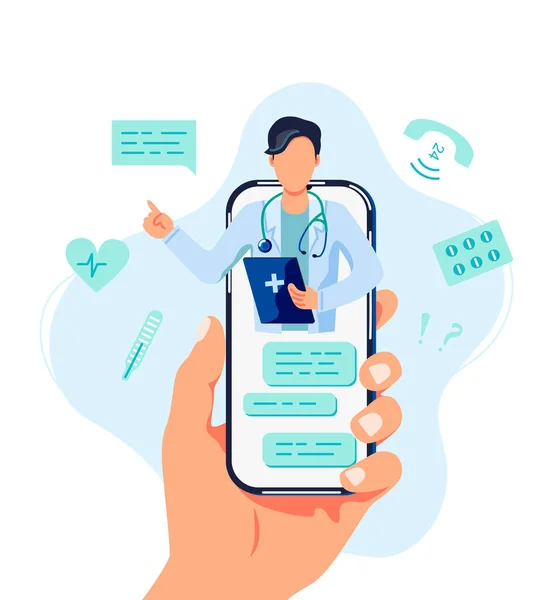 Tele tıp, çevrimiçi doktor ve tıbbi danışma konsepti. Doktor bir hastaya cep telefonuyla yardım ediyor. Düz çizgi film biçimi vektör çizimi.
