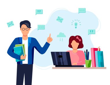 Öğretmen ve kız öğrenci bilgisayarda geziniyor. Düz çizgi film stili tasarım vektör çizimi.