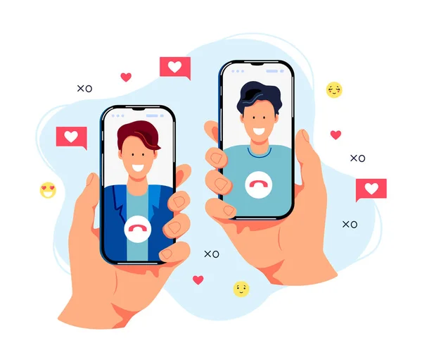 Dos Personas Masculinas Están Charlando Teléfonos Inteligentes Concepto Citas Online — Vector de stock