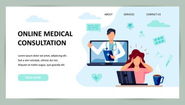 Tele tıp, çevrimiçi doktor ve tıbbi danışma konsepti. Doktor dizüstü bilgisayardaki hastaya yardım ediyor. Mesaj için yer. Düz çizgi film biçimi vektör çizimi.