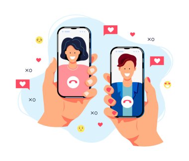 Kadın ve erkek insanlar akıllı telefonlarda sohbet ediyorlar. Online flört konsepti. Düz çizgi film tasarım vektör çizimi.