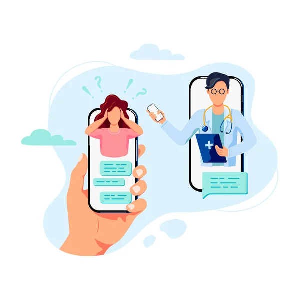 テレメディシン オンライン医師と医療相談の概念 医者は携帯電話の患者を助ける フラット漫画スタイルのベクトルイラスト — ストックベクタ