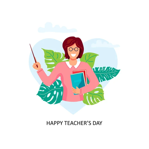 Selamat Hari Guru Tersenyum Guru Perempuan Dengan Pointer Dan Buku - Stok Vektor
