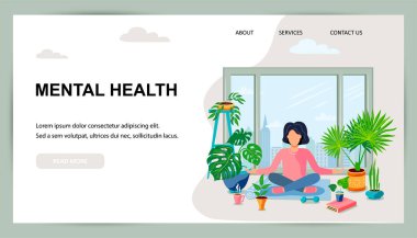 Bir kadın pencerenin yanındaki yeşil evde meditasyon pozunda oturuyor. Evde bahçe işleri, şehir ormanları, ev bitkisi konsepti. Dengeli ve sağlıklı bir yaşam tarzı. Düz çizgi film stili tasarım vektör çizimi.