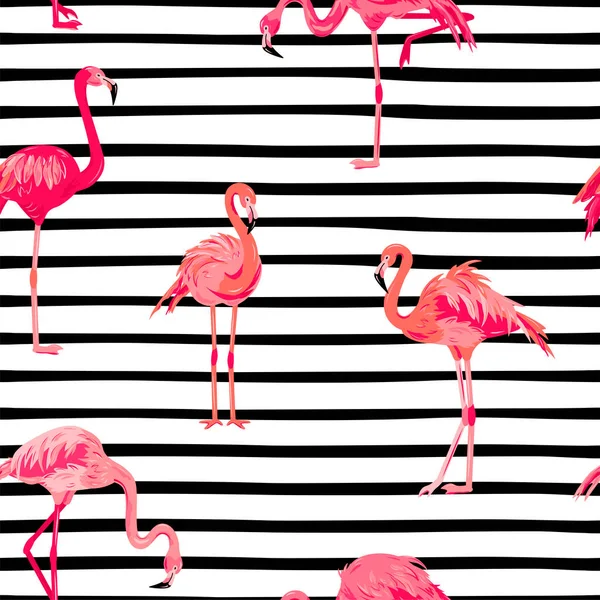 Rosafarbene Flamingos Auf Schwarzen Streifen Mit Nahtlosem Muster Vektorillustration — Stockvektor