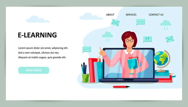Çevrimiçi Eğitim Evde Eğitim Kavramı Dizüstü Bilgisayar Ekranında Bayan Öğretmen — Stok Vektör