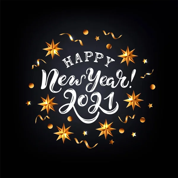 Feliz Año Nuevo 2021 Tarjeta Letras Manuscritas Con Confeti Dorado — Vector de stock
