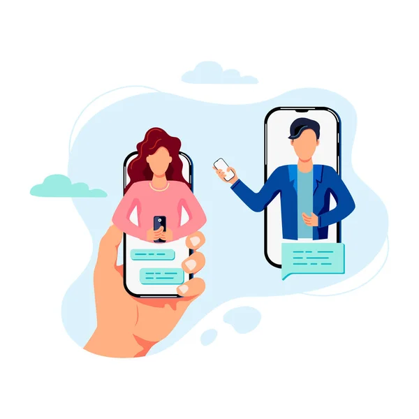 Perempuan Dan Laki Laki Chatting Smartphone Konsep Kencan Online Ilustrasi - Stok Vektor