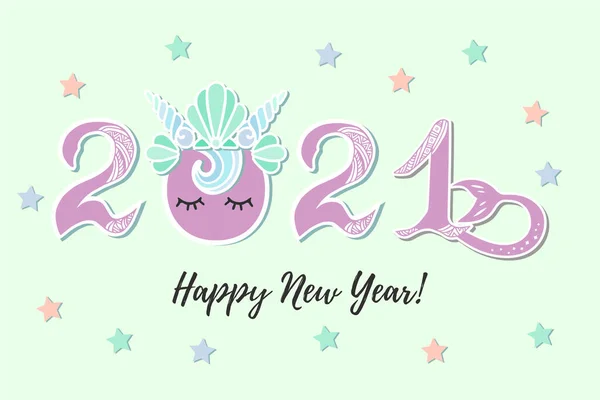 Vector Illustration 2021 Merimaids Sea Shell Crown Tail Happy New — 스톡 벡터