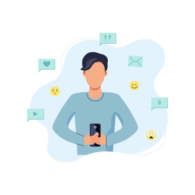 Erkek kişi akıllı telefondan sohbet ediyor. Düz çizgi film tasarımı. Vektör illüstrasyonu.