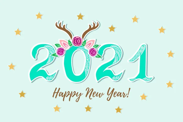 Vector Illustration 2021 Deer Tiara Happy New Year Card Party — Stock Vector