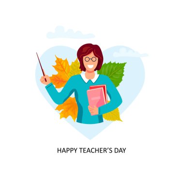 Öğretmenler günün kutlu olsun. İşaretçi, kitap ve sonbahar yapraklı kadın öğretmen. Vektör çizimi. Düz çizgi film stili tasarımı.