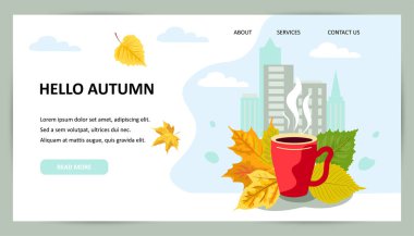 Sıcak içecek kupası sonbahar şehir manzaralı arka planda. Samimi sonbahar konsepti. Düz stil tasarım. Mesaj için yer. Vektör illüstrasyonu.