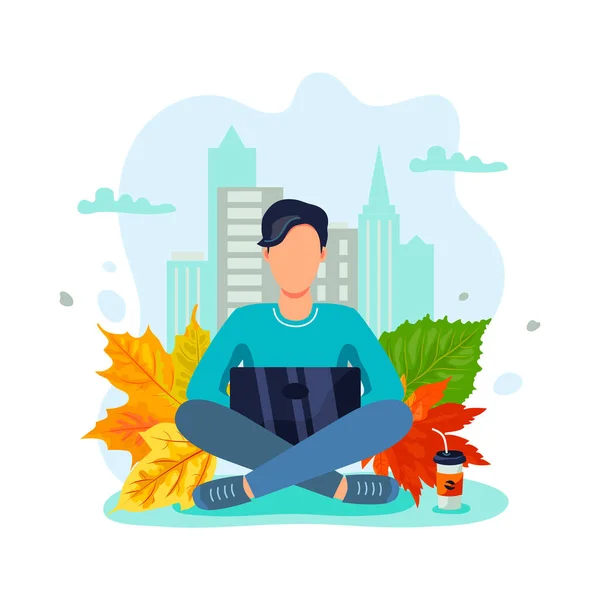 都会の景色の背景に座ってノートパソコンで作業している人 フリーランス Eラーニングの概念 ベクトルイラスト 秋と秋の季節 平面漫画風デザイン — ストックベクタ