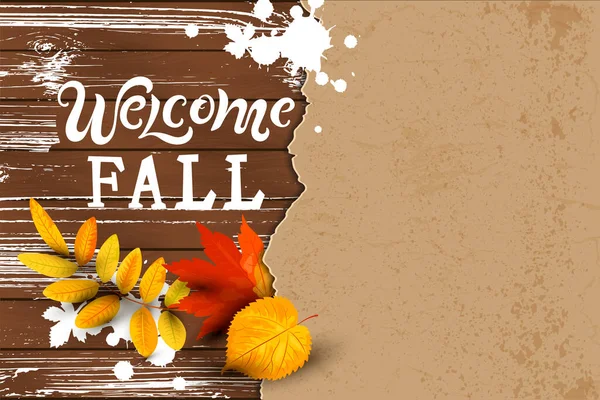 Welcome Fall Hand Drawn Lettering Dark Wood Background Falling Leaves — Stock Vector