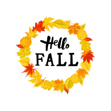 Sonbahar yapraklı el yazısıyla Hello Fall. Mesaj için yer. Vektör illüstrasyonu.