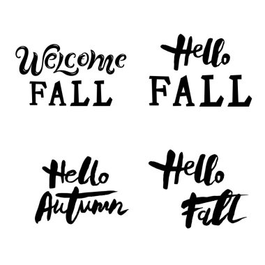 El yazısı mektupları Hoş geldin Düşüşü, Merhaba Sonbahar, beyaz arka planda izole edilmiş. Vektör illüstrasyonları ayarlandı.