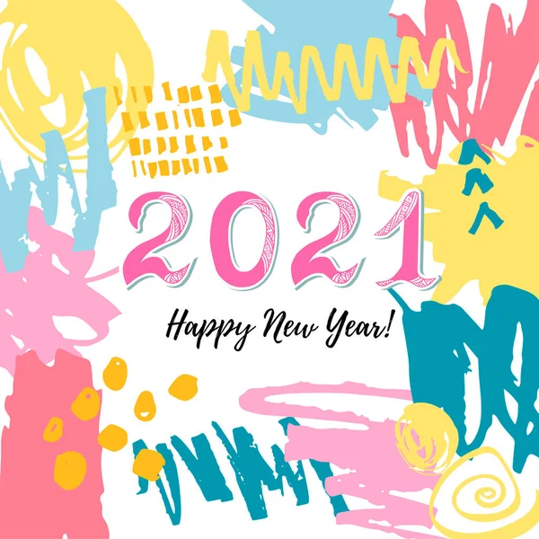 2021年新年快乐卡 有手绘污迹的框架 矢量说明 — 图库矢量图片