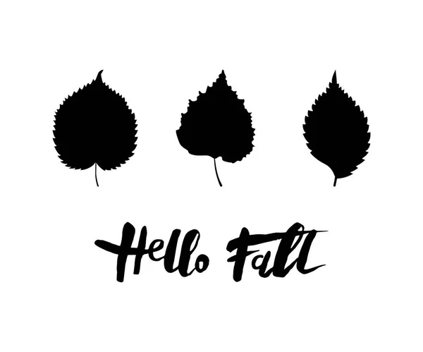 Écrit Main Hello Fall Avec Silhouette Feuilles Automne Illustration Vectorielle — Image vectorielle