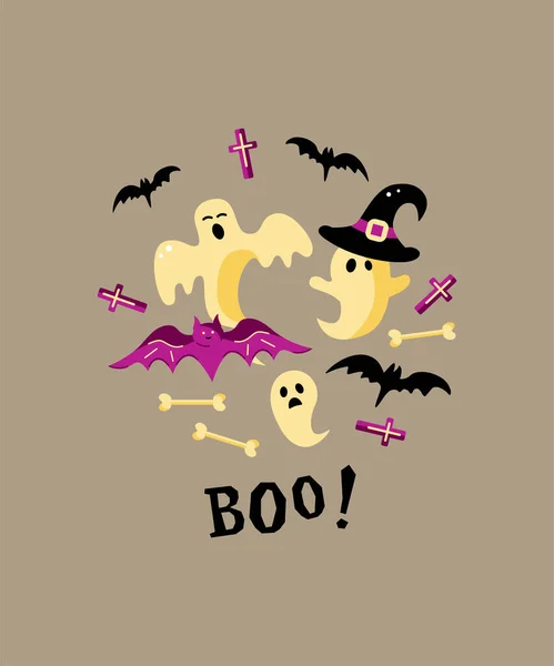 Tarjeta Halloween Con Fantasmas Ilustración Vector Estilo Plano Ideal Para — Archivo Imágenes Vectoriales