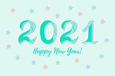 2020 mutlu yıllar. 2020 kutlama metni yıldızlı mavi arka plan. Vektör illüstrasyonu arka planda izole edildi. Kartpostal motivasyonu.