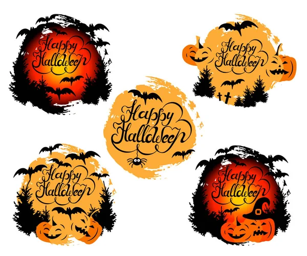Feliz Tarjeta Halloween Con Calabazas Murciélagos Letras Manuscritas Feliz Halloween — Archivo Imágenes Vectoriales
