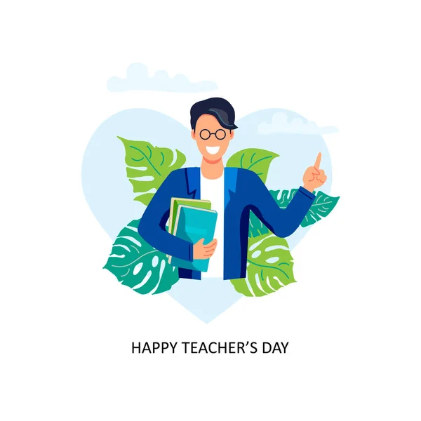 Happy Teacher Day Male Teacher Books Vector Illustration Flat Cartoon — Stock Vector