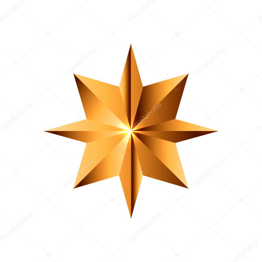Realistic golden star. Christmas star icon. Design element for holiday. Vector illustration isolated on white background.