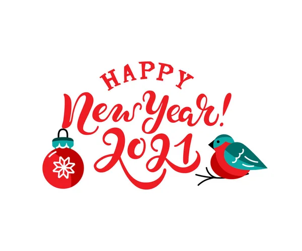 Feliz Año Nuevo 2021 Letras Escritura Mano Con Pájaro Toro — Vector de stock