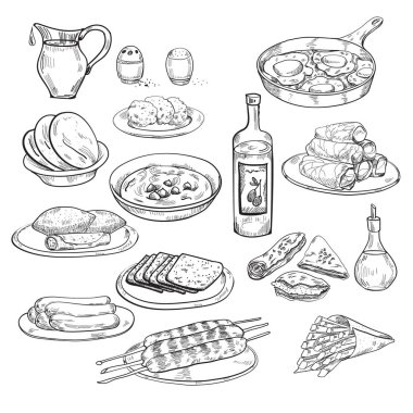 Orta Doğu mutfağı. Menü. Humus, kebap, dolma, falafel, shakshuka, al haesh, cips, kube, sigarim, berekas. Vintage elle çizilmiş kroki vektör çizim. Ortadoğu geleneği