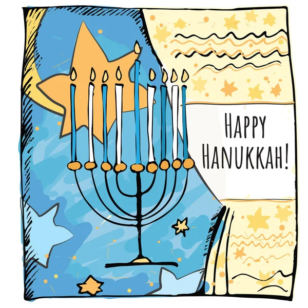 Jewish holiday Hanukkah greeting card traditional Menorah candles. English letters/