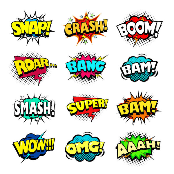 Comic book sound bubbles set, cool blast and crash sound effect, halftone print texture imitation