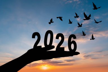 İş adamının silueti 2026 'yı turuncu gün batımına karşı tutuyor. Umut, başarı, yeni başlangıçlar ve gelecek yıl yeniden başlamayı temsil ediyor.