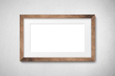 Geniş manzara odaklı beyaz tuval, iç duvardaki ahşap çerçevede. İçeriğiniz için şablon. 3B illüstrasyon.