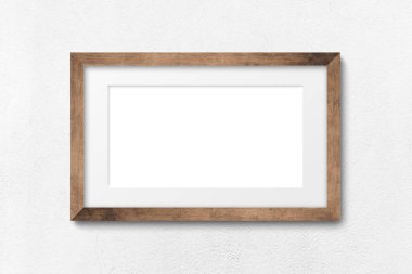 Geniş manzara odaklı beyaz tuval, iç duvardaki ahşap çerçevede. İçeriğiniz için şablon. 3B illüstrasyon.