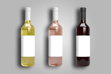 Şarap Şişe Model - Üç Şişe. Blank Label. Beyaz arka planda izole edilmiş şarap şişeleri. Kırmızı ve beyaz şarap ve roz..