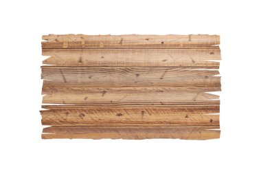 Beyaz arkaplanda kahverengi ahşap tabela. Tabela ve pano kavramında kırpma yolu olan..