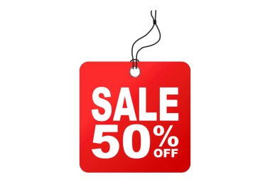 Gerçekçi kırmızı satış etiketleri, indirimli fiyat etiketleri. İpli kağıt hediye etiketi, promosyon satışları etiket vektör şablonu seti. Perakende ürün etiketleri ve yüksek fiyata satılıyor. EPS10