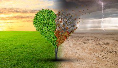 İklim değişikliğindeki hayali bir manzaradaki ağaç kuraklıktan yeşil büyümeye