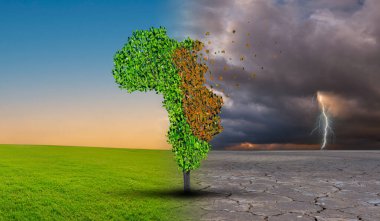 İklim değişikliği kuraklıktan yeşil büyümeye dönüştü. 3d görüntüleme, 3d illüstrasyon