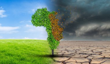 İklim değişikliği kuraklıktan yeşil büyümeye dönüştü. 3d görüntüleme, 3d illüstrasyon
